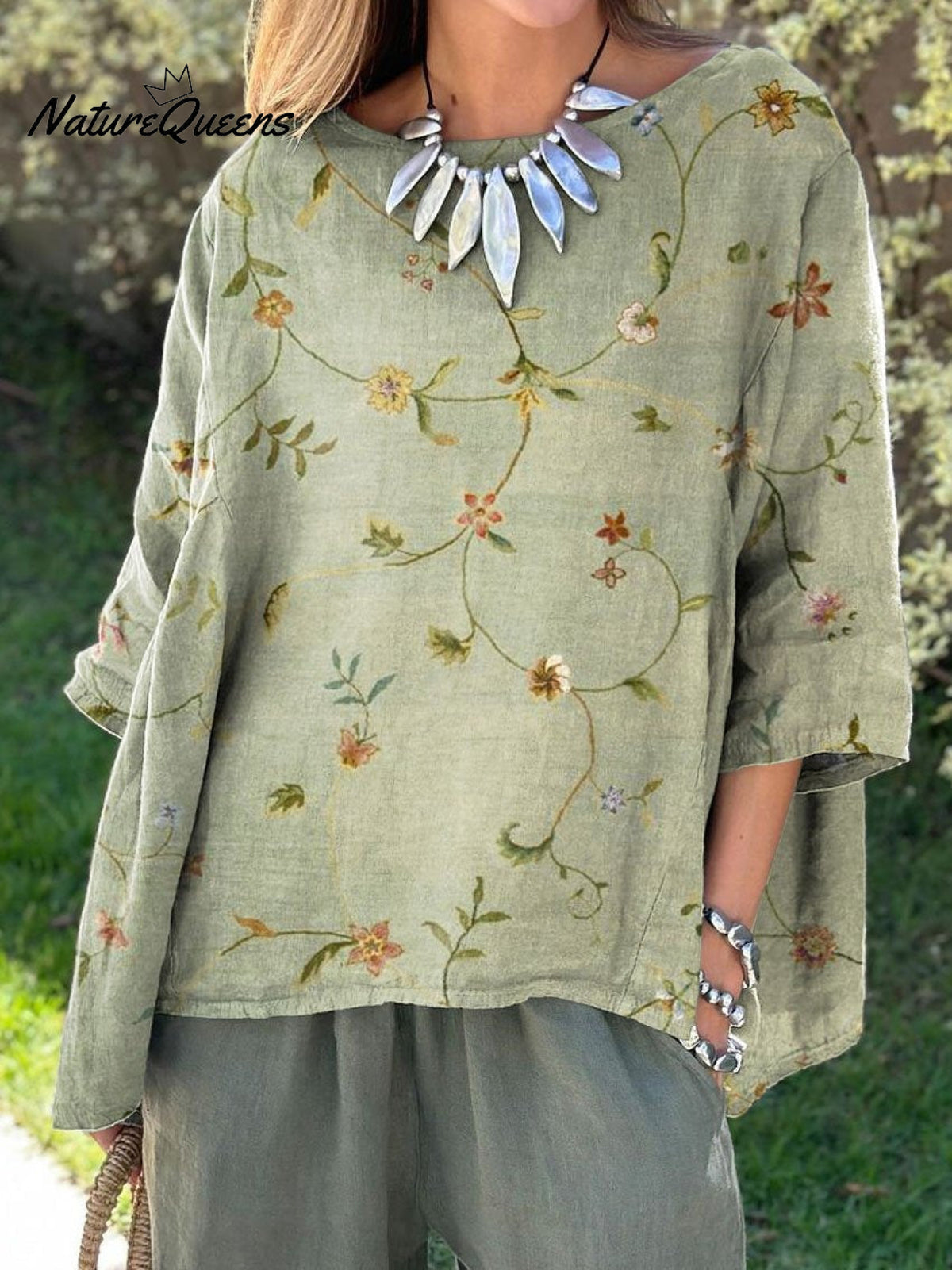 Women’s Retro Floral Art Linen Elastic Waistband Pocket Skirt Shirt - 2 / S