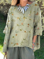 Women’s Retro Floral Art Linen Elastic Waistband Pocket Skirt Shirt - 2 / S