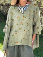 Women’s Retro Elegant Floral Art Print Casual Cotton And Linen Shirt Green / S