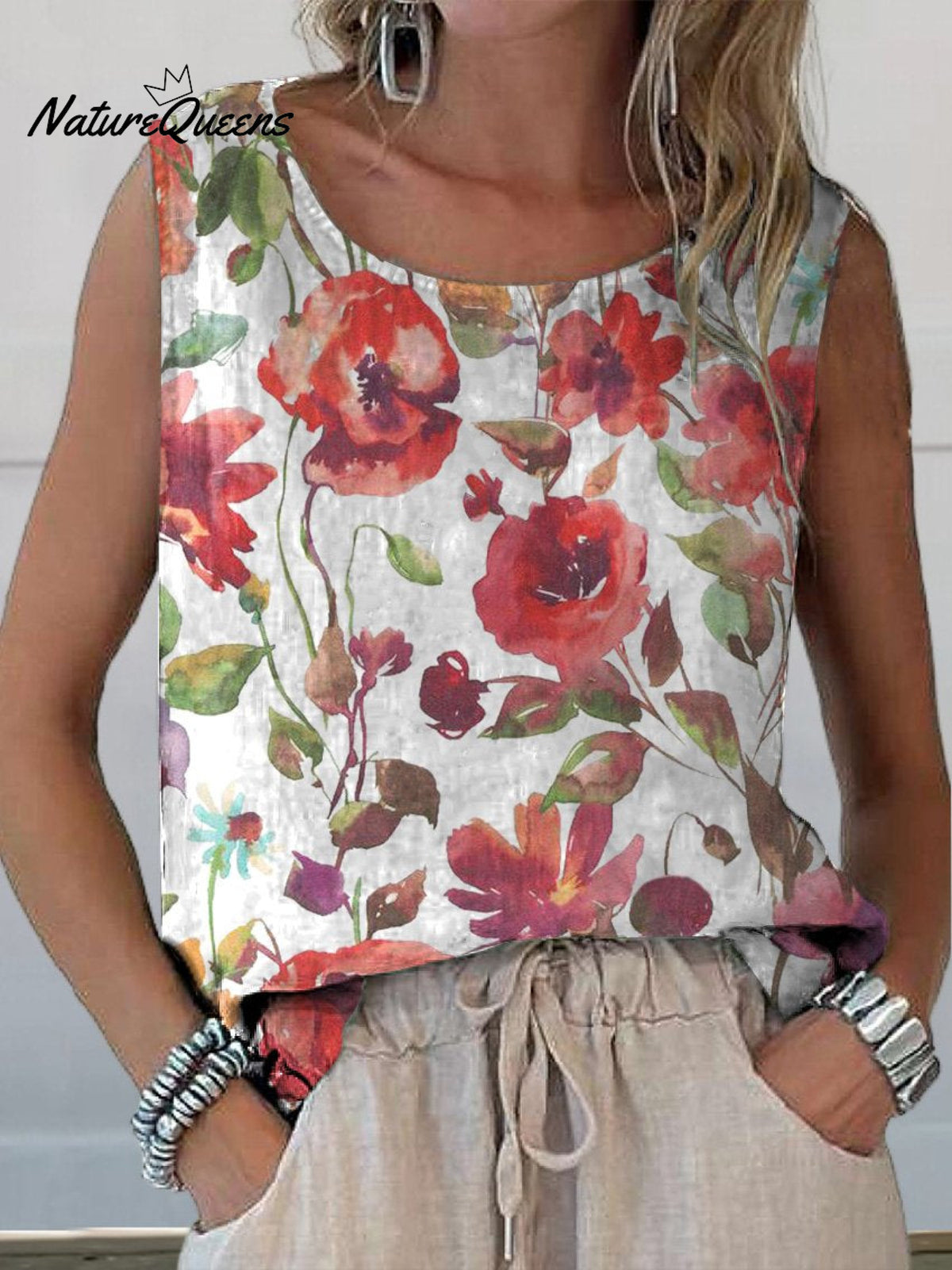 Watercolor Poppy Floral Art Printed Women’s Casual Cotton And Linen Tank Top