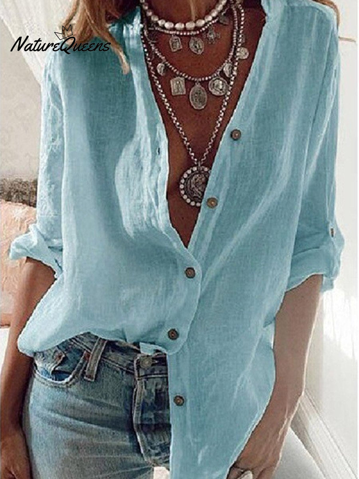 Women’s Solid Color Loose Elegant V - Neck Long - Sleeved Cotton Shirt Blue / S