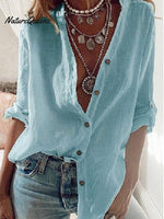 Women’s Solid Color Loose Elegant V - Neck Long - Sleeved Cotton Shirt Blue / S