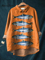 Vintage Funny Sardines Art Print Casual Cotton And Linen Shirt