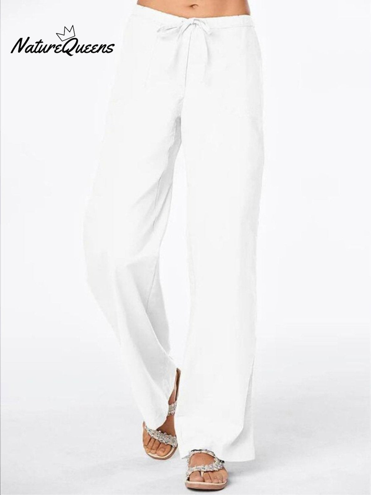 Women’s Solid Colour Tie Casual Wide Leg Linen Pants White / S