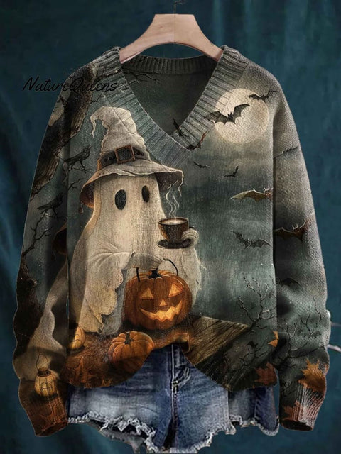 Ghost Pumpkin And Coffee Print Knit V-neck Pullover Sweater