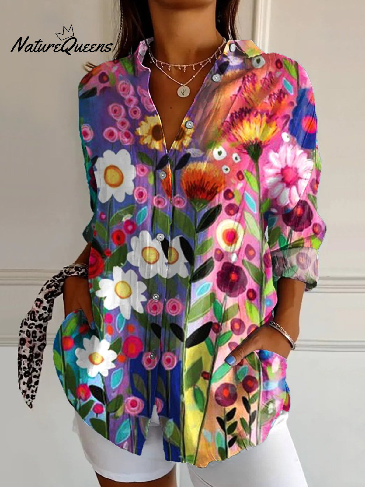 Women'sFlowerArt PrintCasual Cotton Shirt