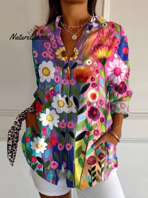 Women's  Flower  Art Print  Casual Cotton Shirt