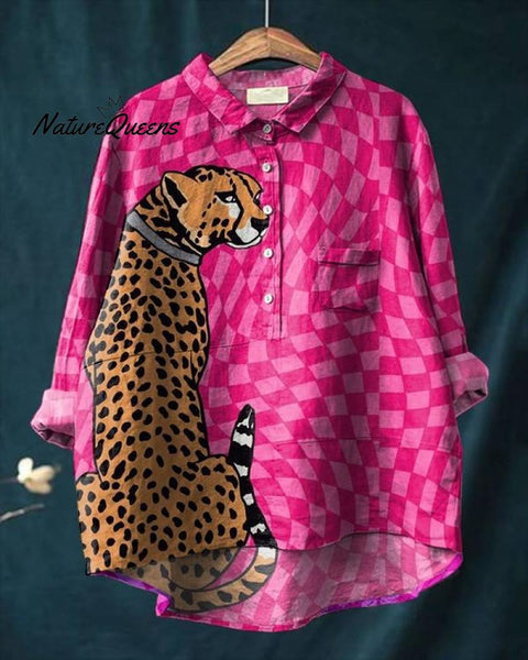 Women's Leopard Art Print Casual Cotton And Linen Shirt