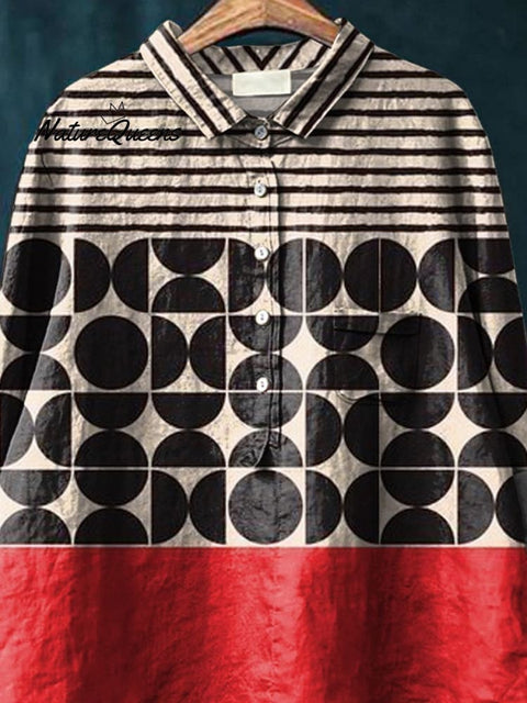 Artistry Geometric Pattern Printed Women's Casual Cotton And Linen Shirt