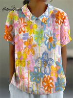 Women’s Vintage Flower Print Casual Cotton And Linen Shirt Multicolor / S