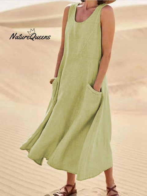 Women Sleeveless Sundress Elegant Round Neck Cotton Linen Solid Long Tank Casual Summer Dress Light