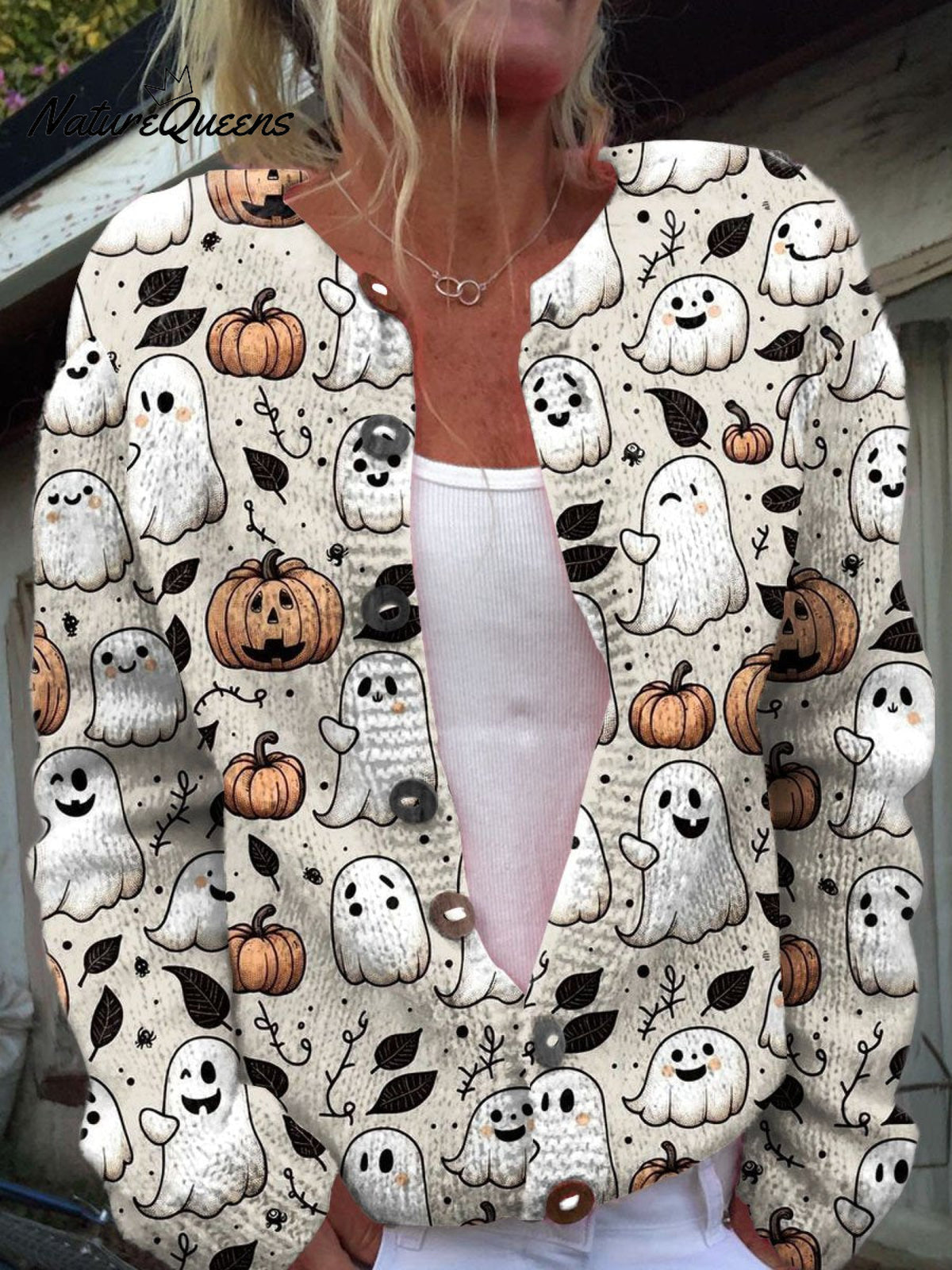 Funny Ghost HalloweenArt PrintButtoned Cardigan Sweater
