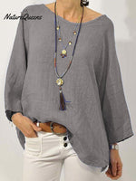 Women’s Solid Colour Cotton And Linen Round Neck Ninth Sleeve Blouse Grey / S