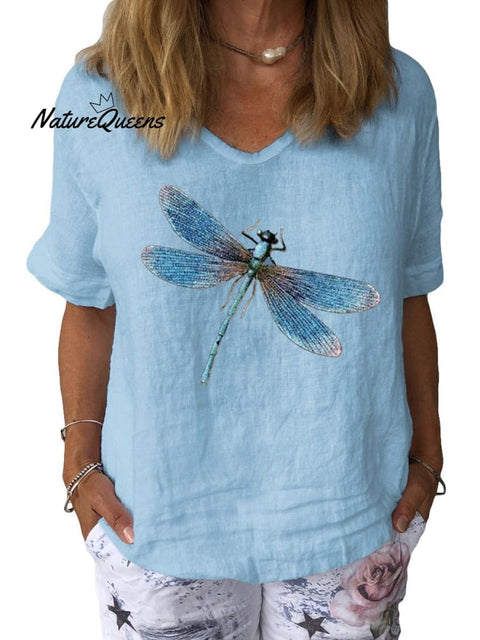 Women’s Dragonfly Art Print Cotton & Linen Casual Top Light Blue / S