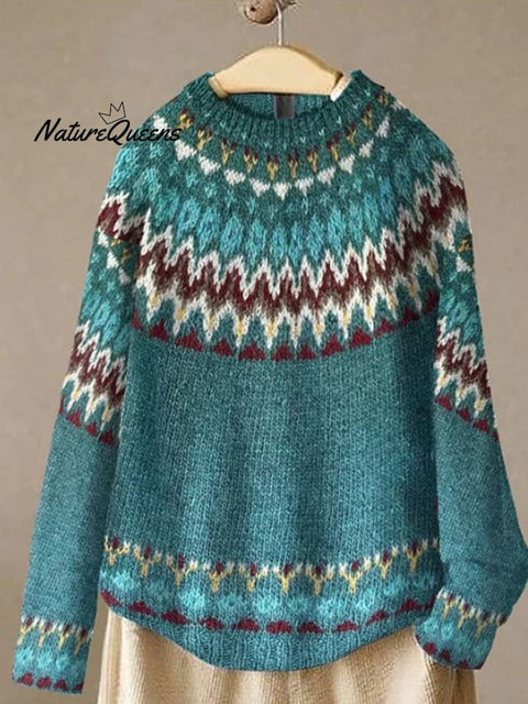 Retro Art Print Casual Pullover Sweater