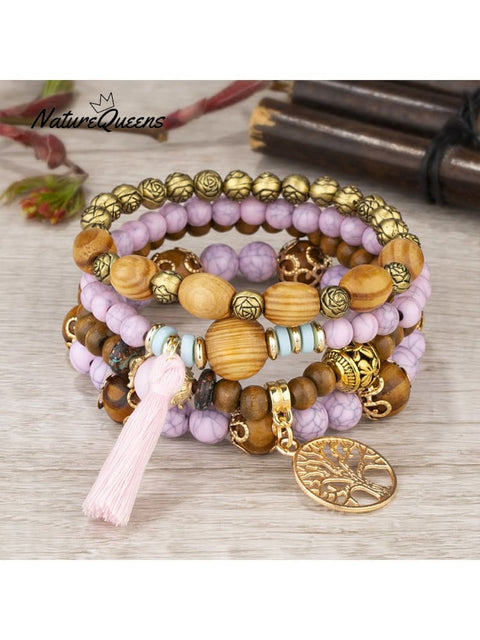 Boho Multi - Layered Wooden Beaded Bracelet 10 / Onesize