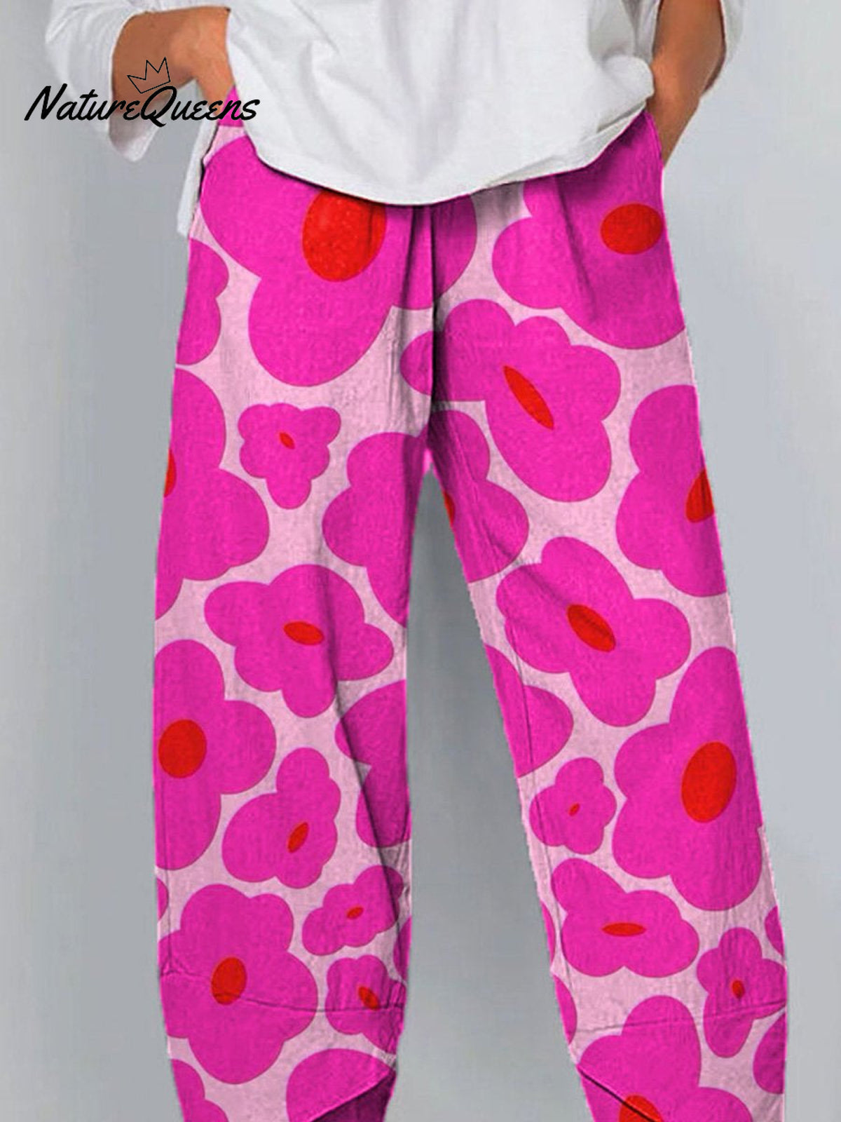 Vibrant Pink Floral Pattern Printed Women's Cotton And Linen Casual Pants