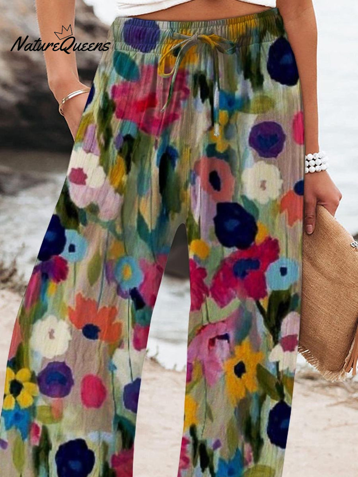 Women's Flower Printed Cotton And Linen Casual Pants