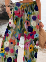 Women's Flower Printed Cotton And Linen Casual Pants