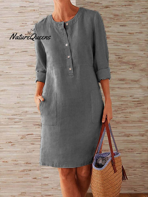 Spring Cotton And Linen Round Neck Long Sleeve Dress Dark Grey / S