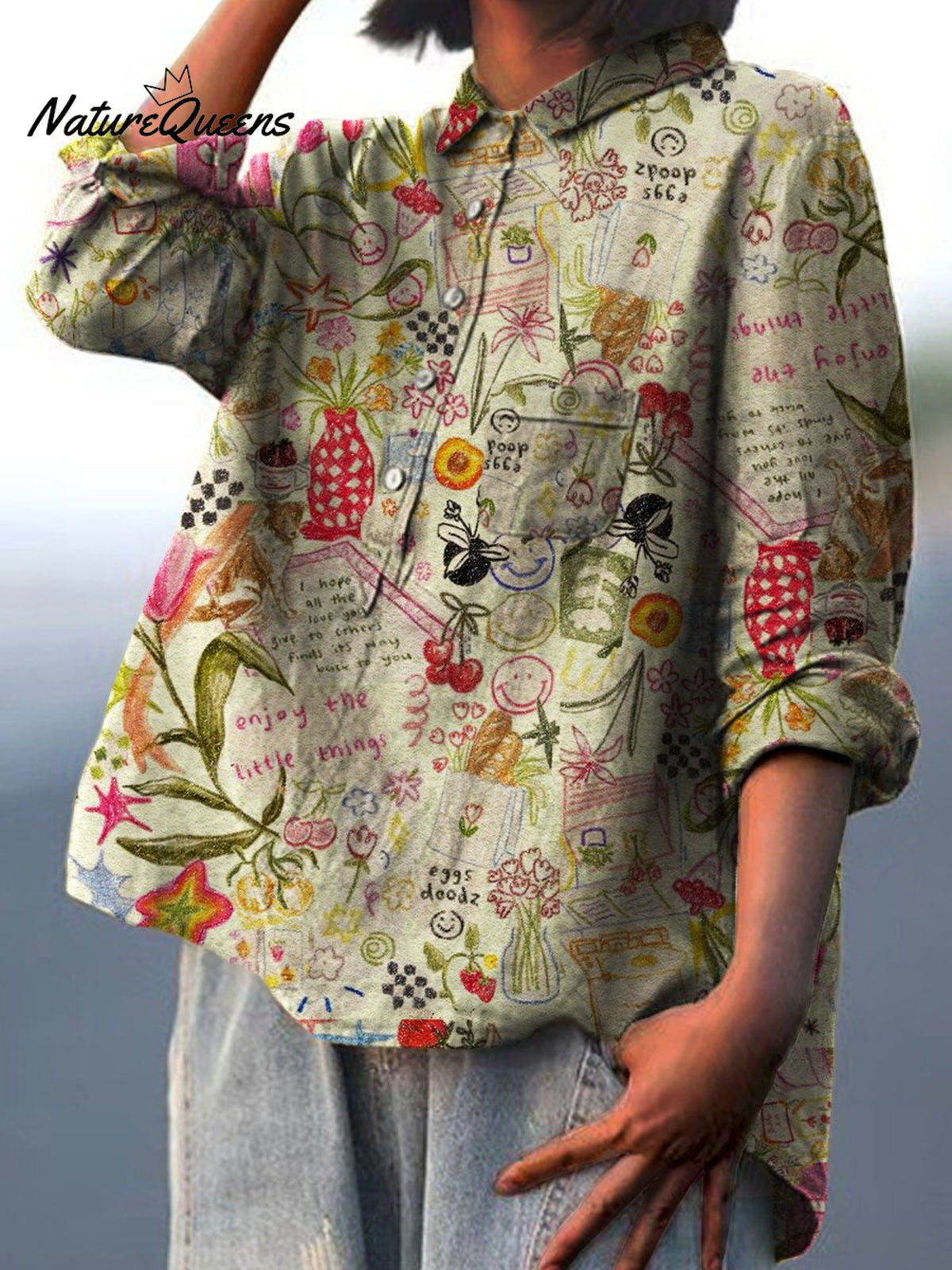 Women's Vintage Vase Art Print Casual Cotton And Linen Shirt