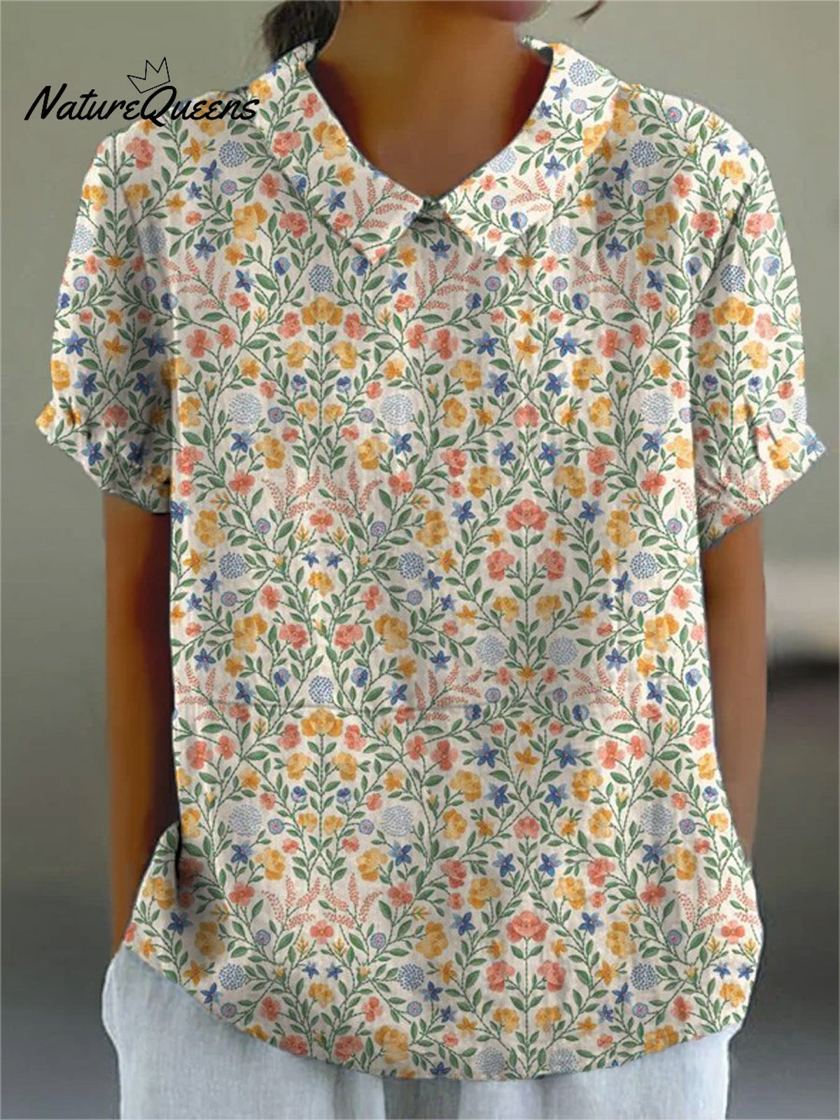 Women’s Retro Floral Art Print Casual Cotton And Linen Shirt Multicolor / S