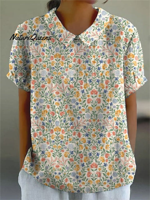 Women’s Retro Floral Art Print Casual Cotton And Linen Shirt Multicolor / S