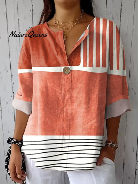 Women's Abstract Geometric Art Print Casual Cotton Linen Shirt
