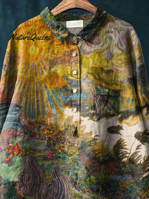 The Sunrise Oil Painting Art Printed Women's Casual Cotton And Linen Shirt