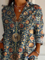 Ethnic Style Symmetrical Floral Pattern Printed Women's Casual Cotton Shirt