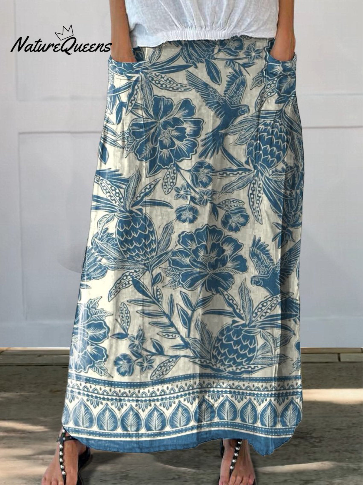 Batik Style Ethnic Floral Pattern Printed Women’s Linen Pocket Skirt