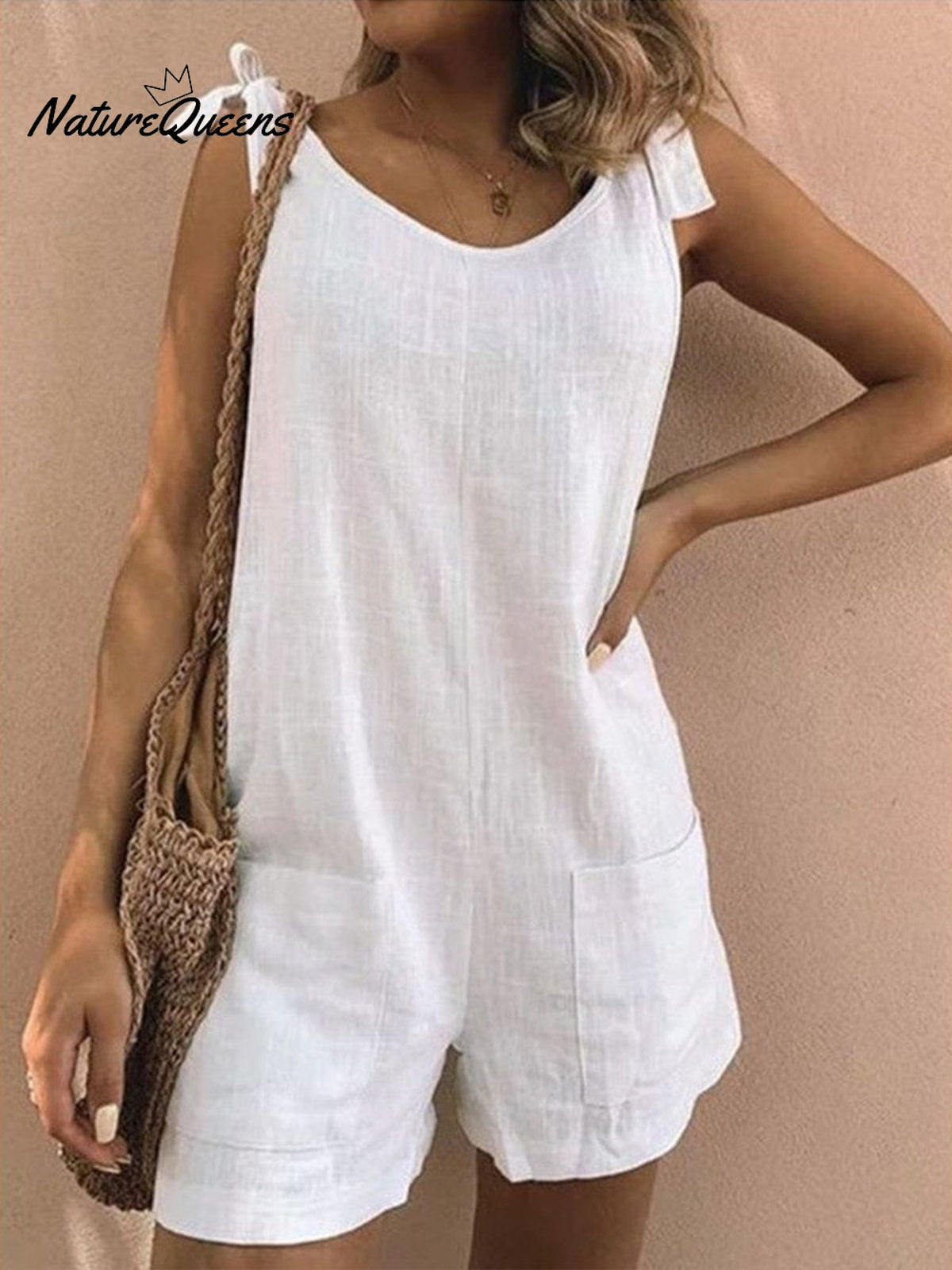 Women’s Cotton Overalls Casual Sleeveless Shorts Romper Jumpsuit White / S