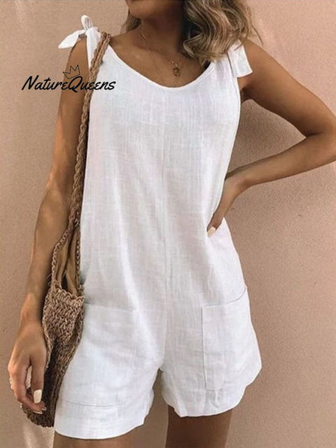 Women’s Cotton Overalls Casual Sleeveless Shorts Romper Jumpsuit White / S