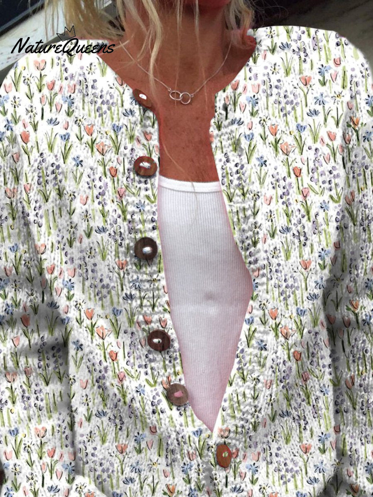 Spring Meadows Floral Repeat Pattern Printed Buttoned Cardigan Sweater