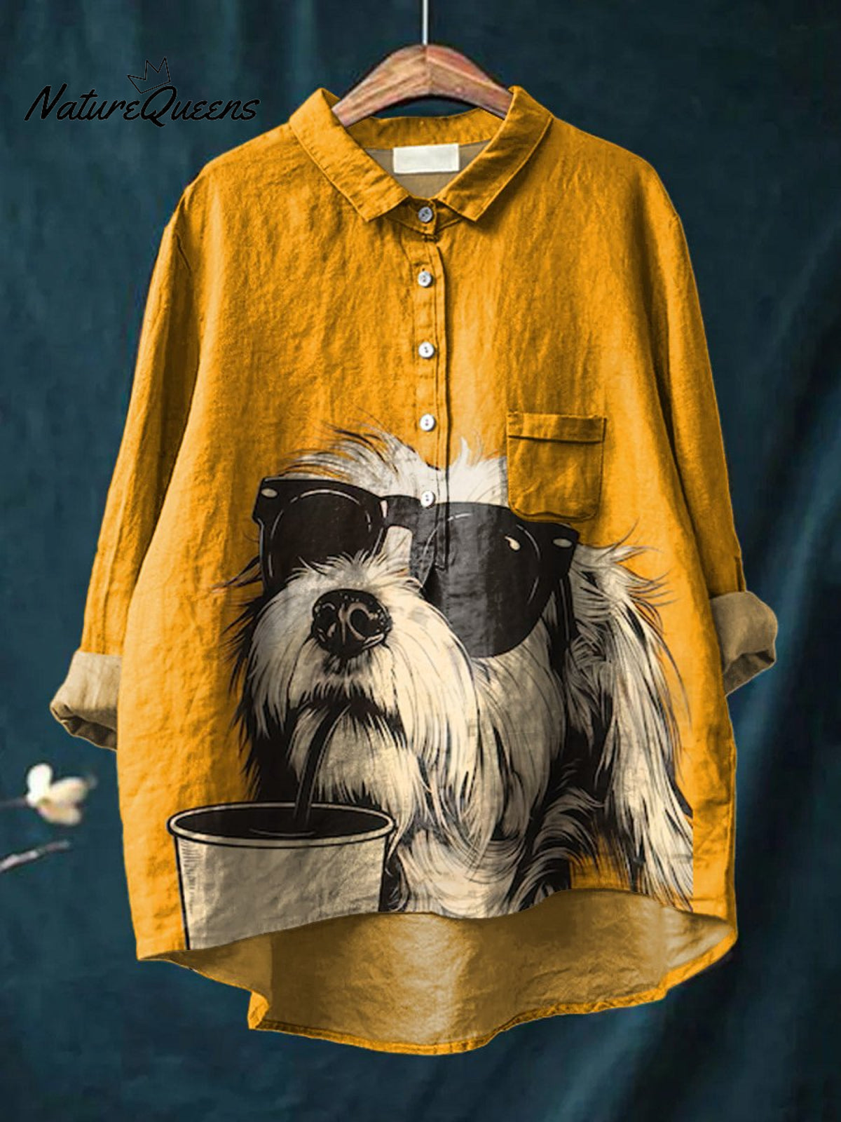 Cute Animal Sunglasses Coffee Dog Art Animal Vintage Print Casual Cotton And Linen Shirt