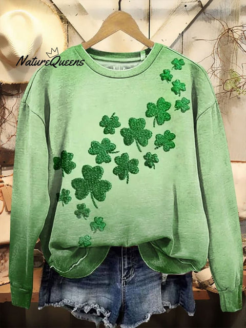 St. Patrick'S Day Retro Lucky Clover Print Casual  Sweatshirt