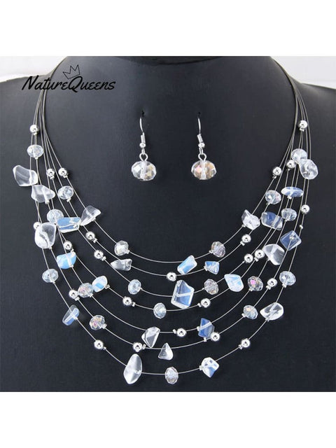 Bohemian Crystal Layered Necklace And Earrings Set White / Onesize