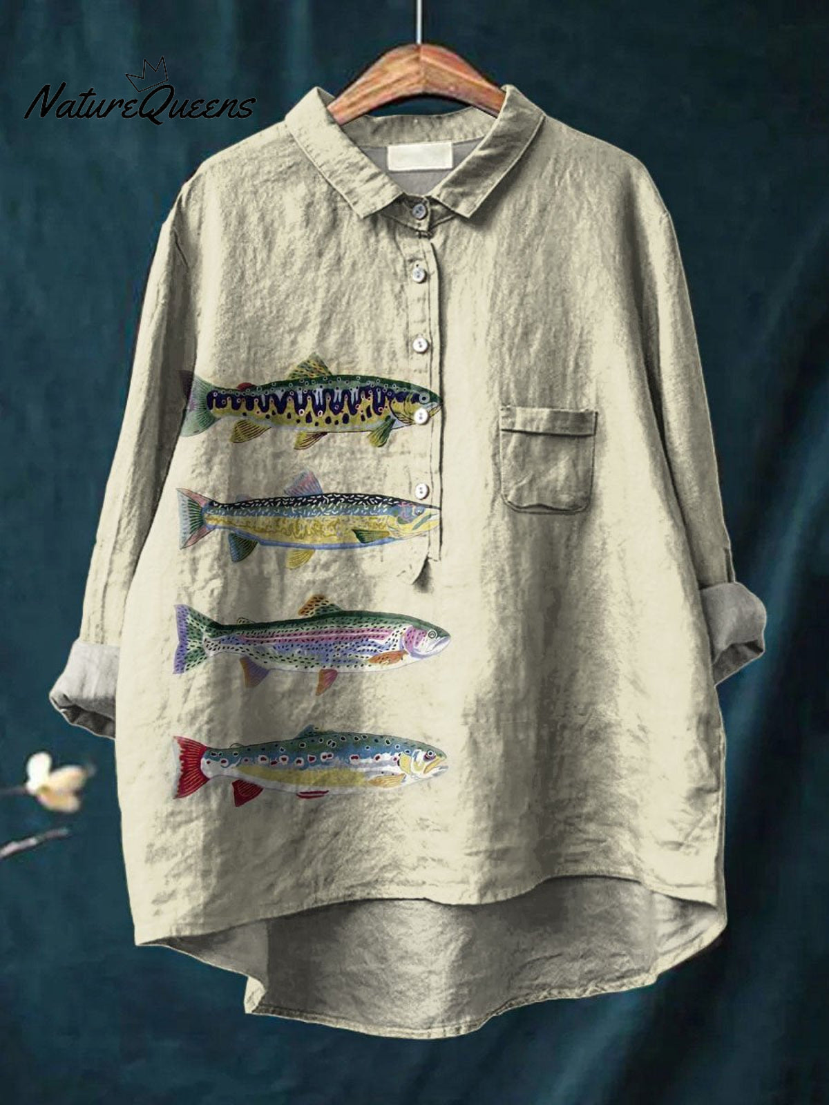 Women's Fish Print Casual Cotton And Linen Shirt