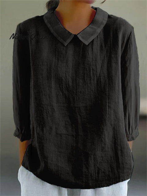 Women’s Solid Color Casual Cotton And Linen 3/4 Sleeve Shirt Black / S