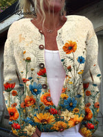 Vintage Flower Art Print Buttoned Cardigan Sweater