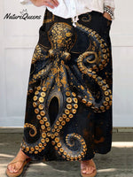 Women's Vintage Octopus Art Print Linen Pocket Skirt