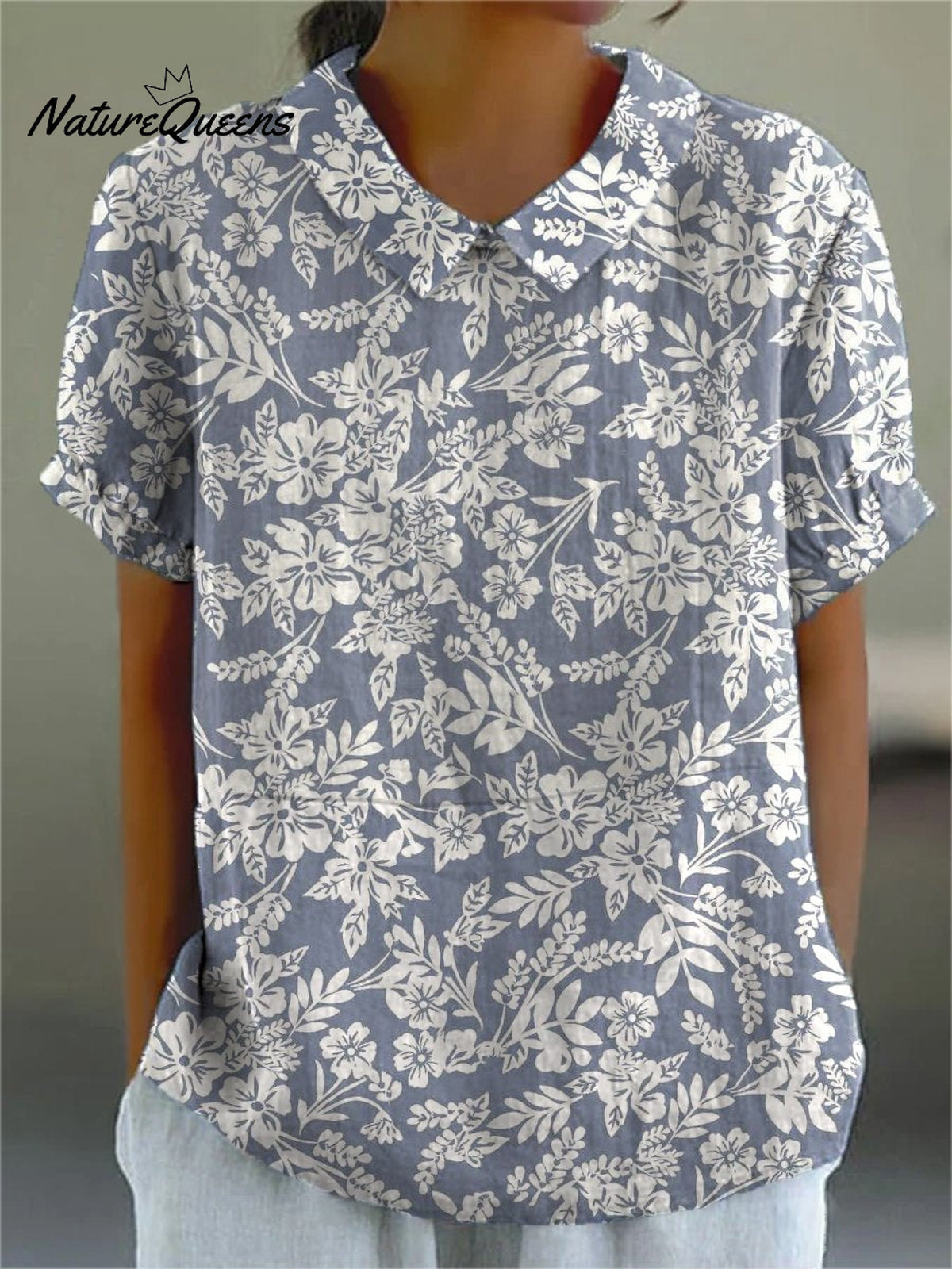 Women's White Simple Shadow Floral Print On Blue Background Casual Cotton And Linen Shirt