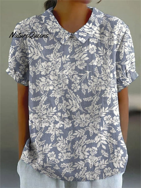 Women's White Simple Shadow Floral Print On Blue Background Casual Cotton And Linen Shirt