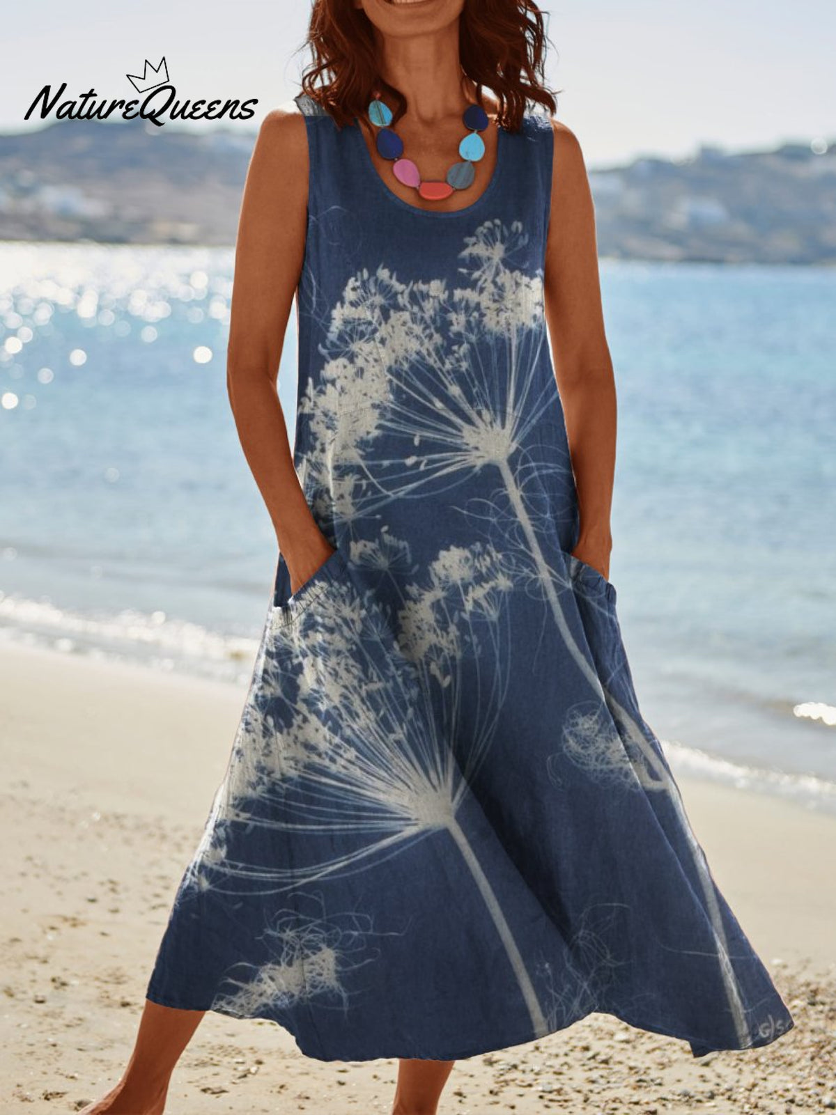 Womens Dandelion Print On Blue Background Pocket Pinafore Linen Dress Multicolor / S