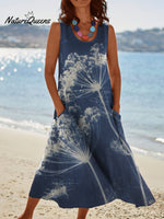 Womens Dandelion Print On Blue Background Pocket Pinafore Linen Dress Multicolor / S