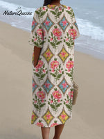 Women's Vintage Floral Art Print Pocket Linen Dress（Convertible Dress With Front And Back Option）