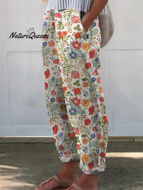 Women's Floral Art Printed Pocket Casual Pants