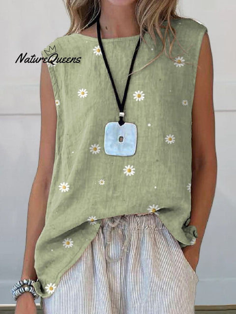 Simple Daisy Field Pattern Printed Women's Casual  Cotton And Linen Tank Top