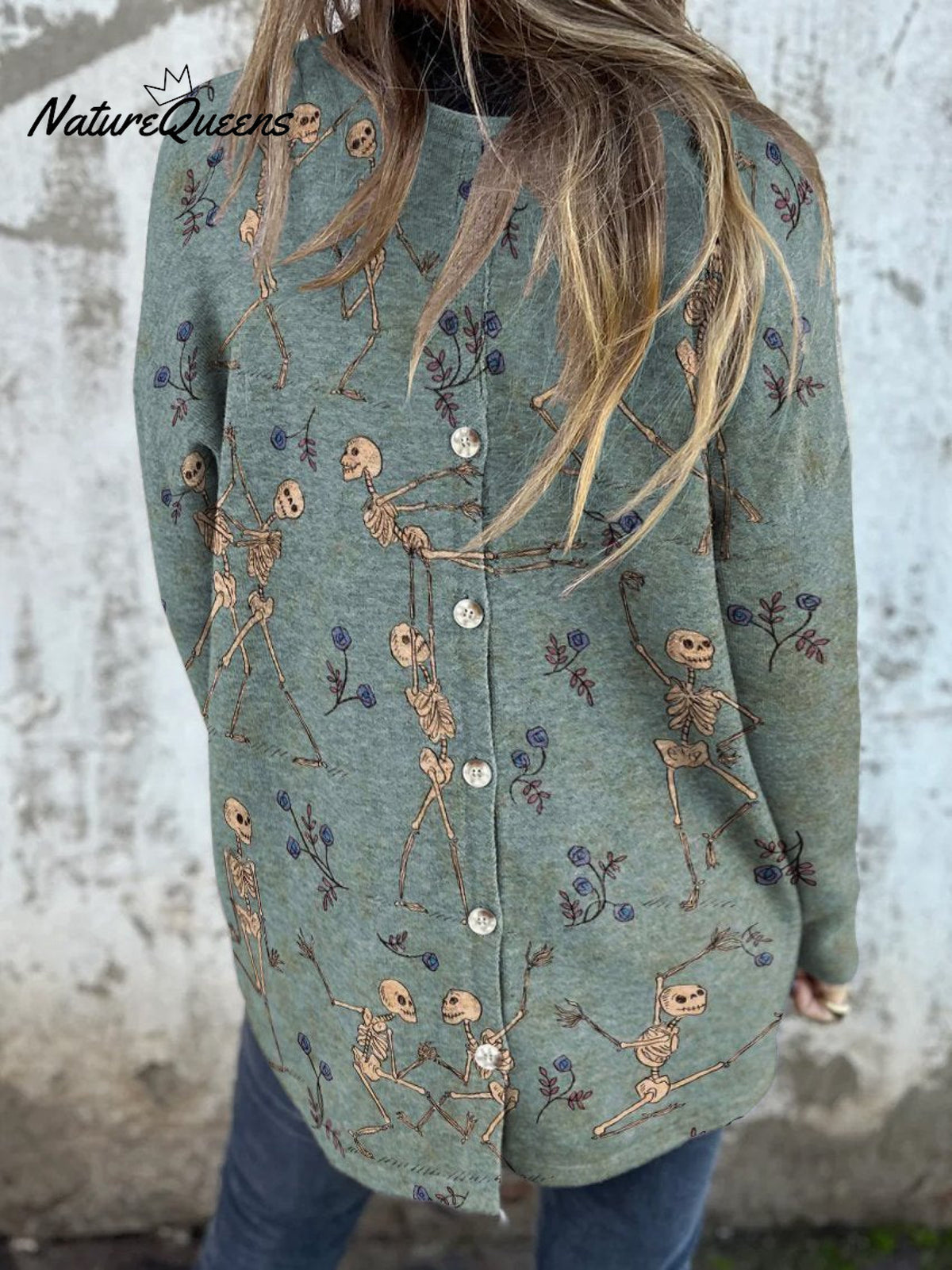 Weird Romantic Skull Pas De Deux Decorative Pattern Button Back Casual Knitted Shirt