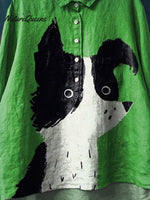 Vintage Funny Dog Art Print Casual Cotton And Linen Shirt